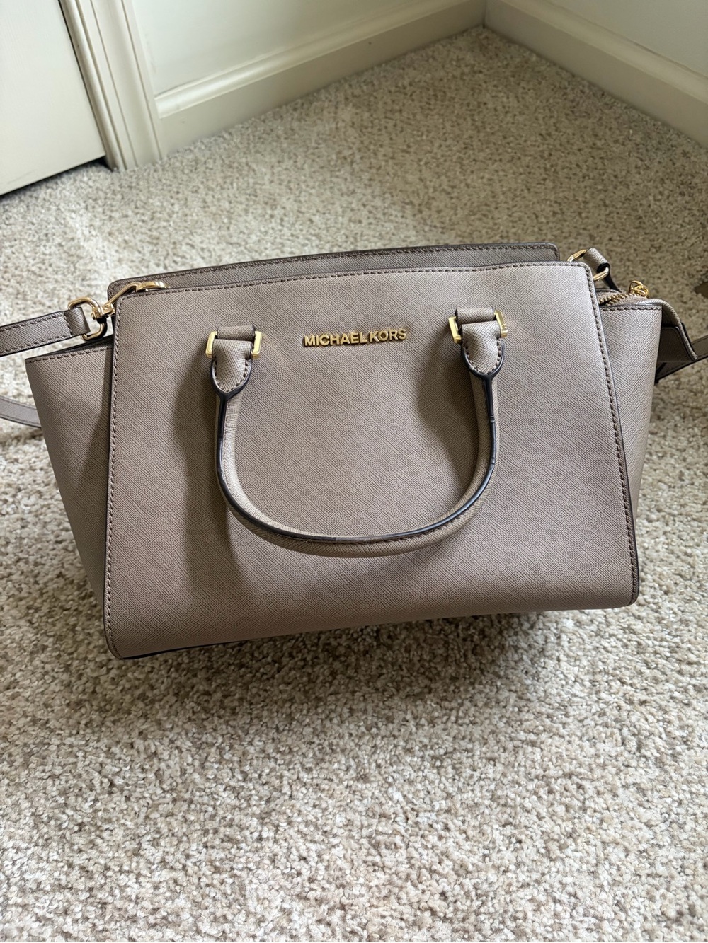 Michael Kors Taupe Gray Saffiano Satchel with Gold Hardware